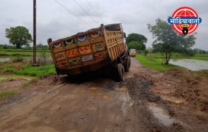 सावली-हरंबा रोड वरील जीबगाव जवळ रस्त्यावर ट्रक फसला ; 3 तासापासून रस्ता बंद